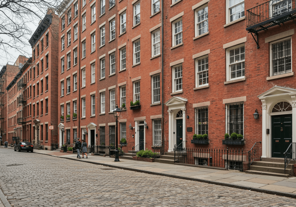 charming cobblestone street in the West Village lined with elegant Federal-style red brick townhouse