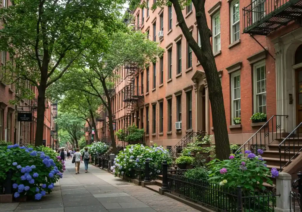 Charming street scene in the West Village, Manhattan, with a Federal-style townhouse and tree-lined sidewalks