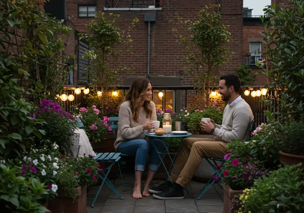 Emma and James enjoying coffee on their intimate West Village townhouse rooftop garden.