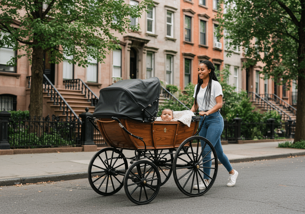 Modern baby carriages at a modern street