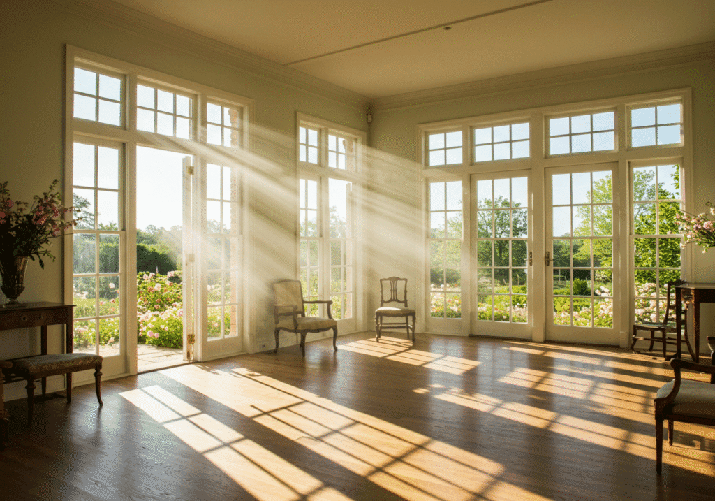 A big room with windows open on a hot day, but it is cool inside