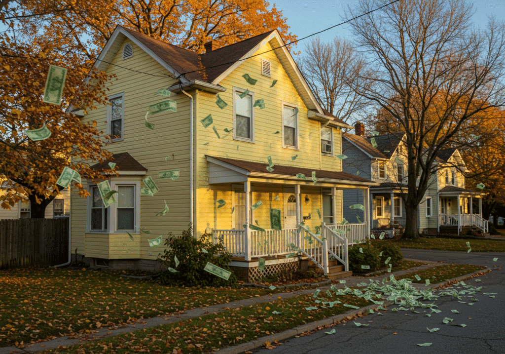 Dollar bills are coming from the heater on a house.