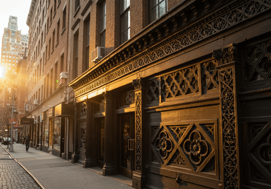 An open dark wood door showing the detail of an upper east side doo