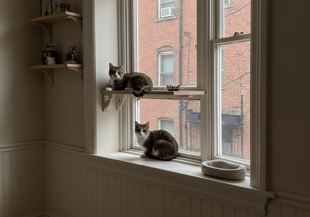 An interior shot of an Astoria townhouse showing a cat comfortably perched on a window sill or shelf, enjoying the view.