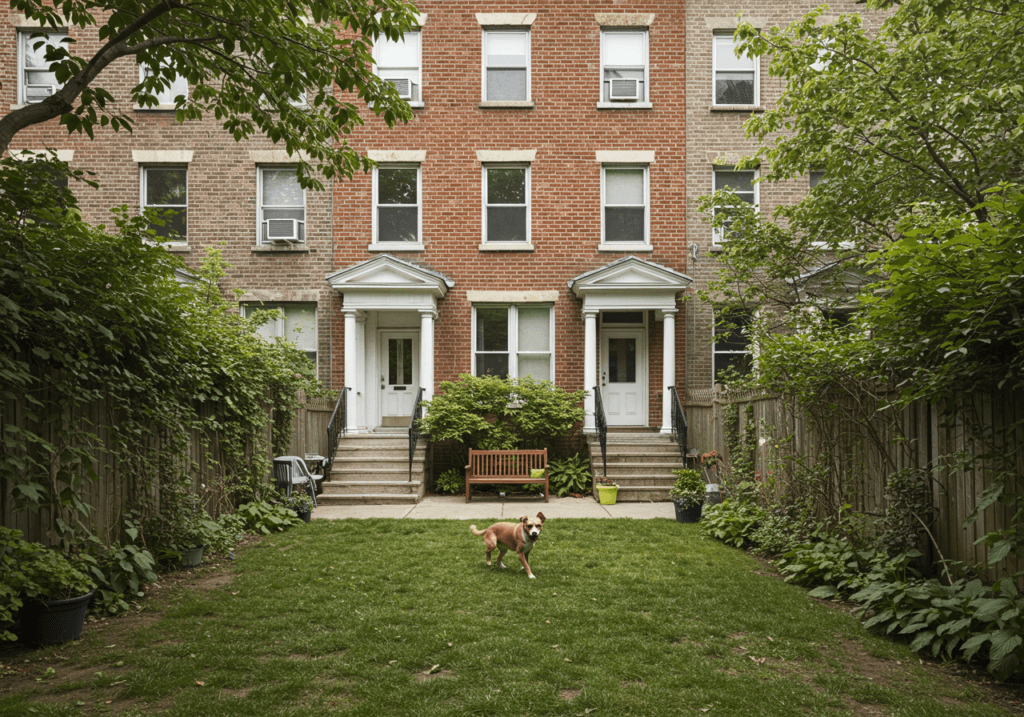 A more spacious yard of an Astoria townhouse where a pet is actively playing.