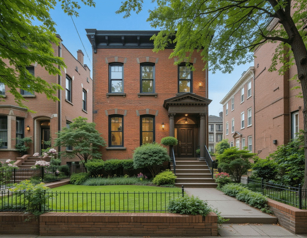 "Historic townhouse in Riverdale, Bronx with landscaped front yard"