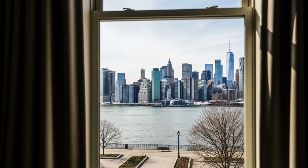 A historic Brooklyn Heights brownstone with a window view featuring the Manhattan skyline and a hint of the promenade.