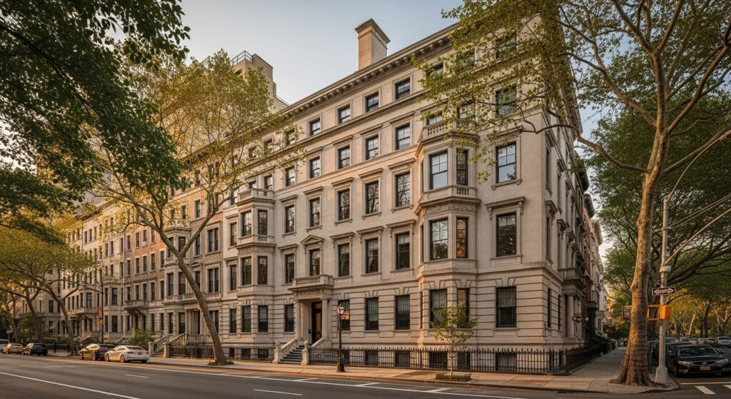 Prestigious Carnegie Hill townhouses facing Central Park with their distinctive limestone facades and manicured streetscape