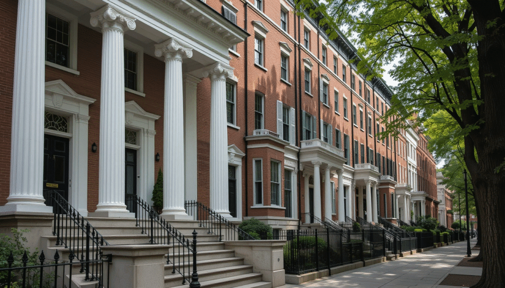 Elegant Greek Revival townhouses near Washington Square Park with columns, symmetrical facades, and wide stoops