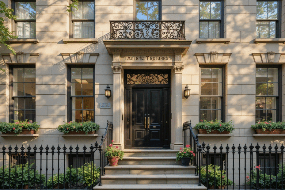 Elegant limestone townhouse facade on Manhattan's Upper East Side