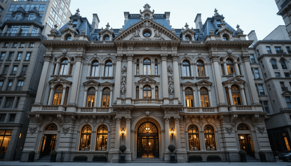 Magnificent Beaux-Arts townhouse near Fifth Avenue with elaborate Renaissance Revival details and theatrical architectural elements