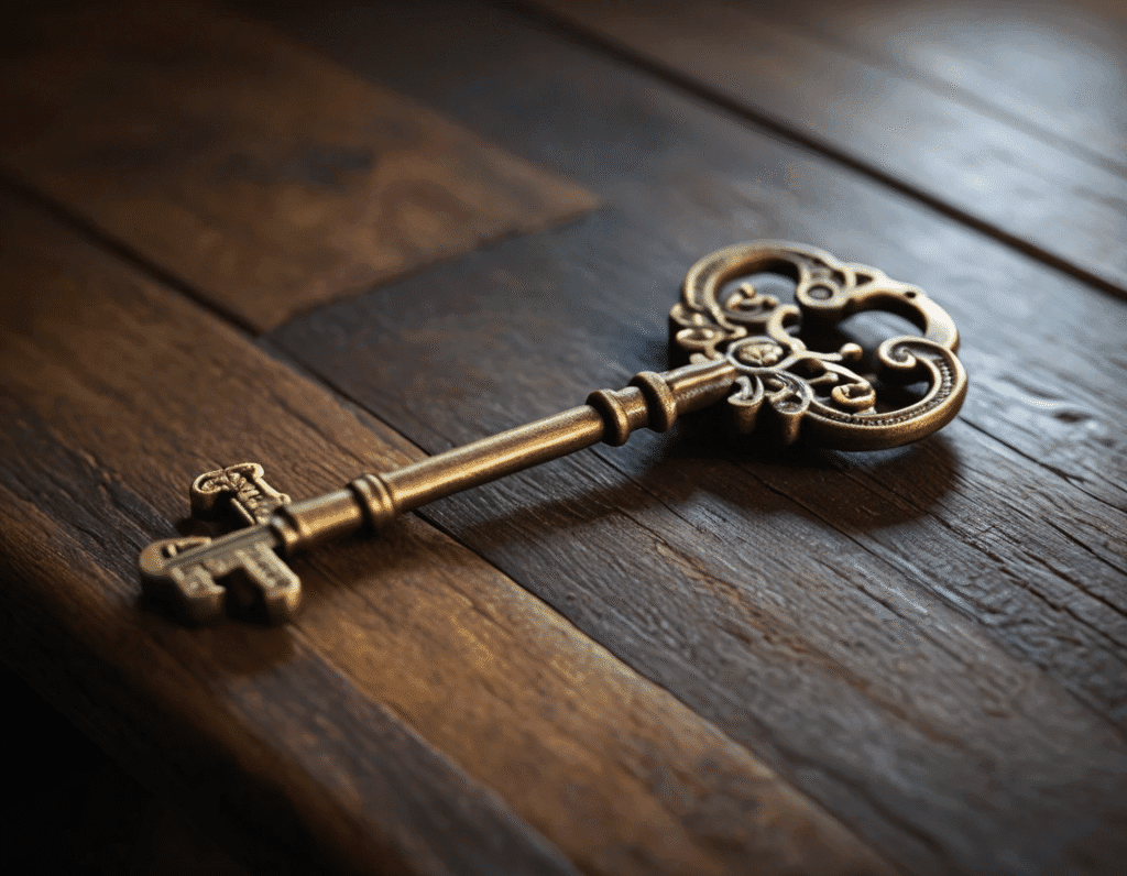 An ornate, antique brass key rests on a dark wood surface, symbolizing the 5-step action plan for buying a townhouse in Greenwich Village.