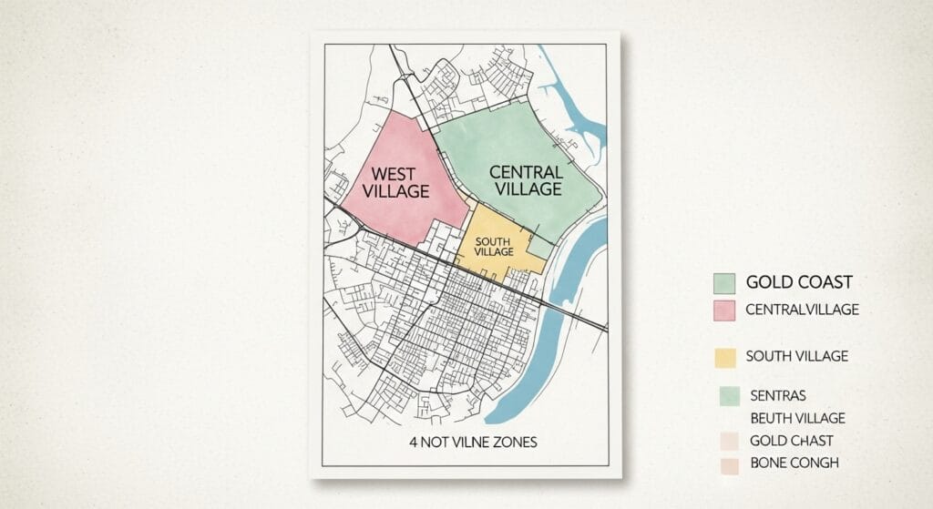A map of Greenwich Village showing the four distinct neighborhood personalities for townhouse buyers: West Village, Central Village, South Village, and the Gold Coast.