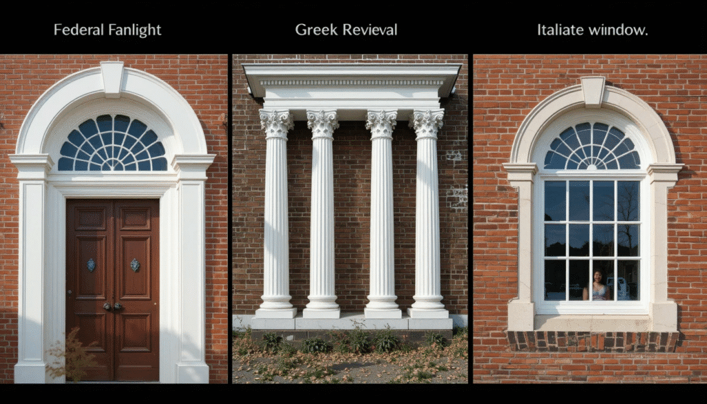 Side-by-side comparison showing Federal fanlight door, Greek Revival columns, and Italianate arched windows in Greenwich Village