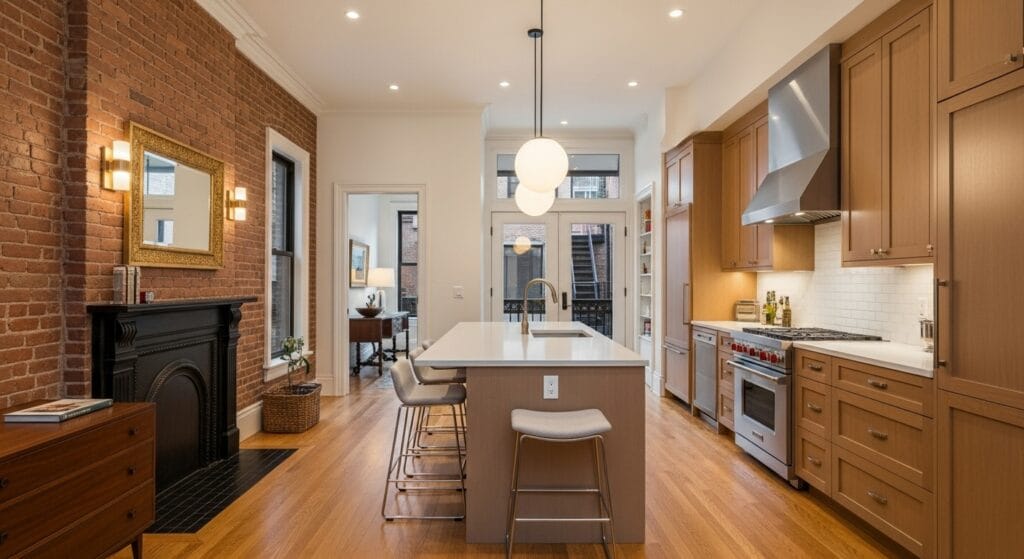 Beautifully renovated Greenwich Village townhouse interior blending historic details with modern amenities