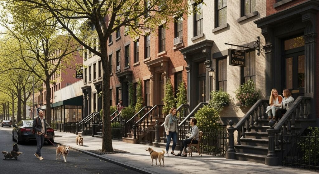 Residents enjoying community life on a Greenwich Village street with people walking, sitting on stoops, and local businesses