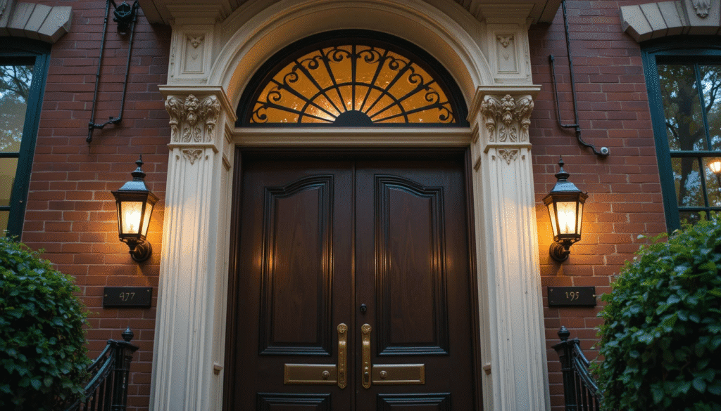Welcoming front door of a Greenwich Village townhouse with ornate details and brass hardware, symbolizing home ownership opportunity