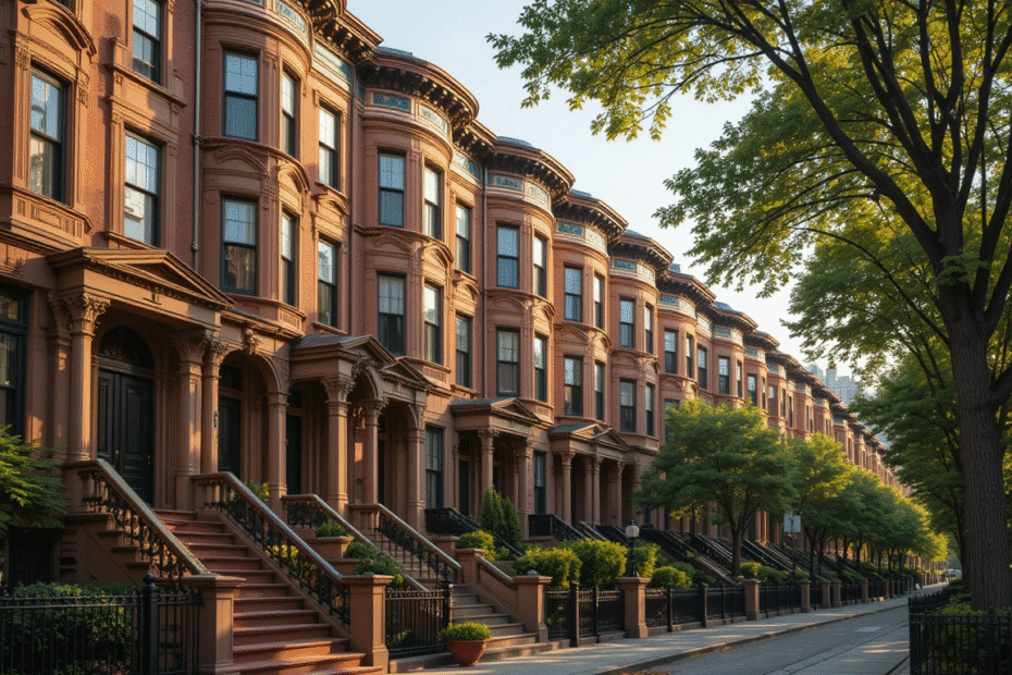 Harlem brownstone for sale. Historic brownstone townhouses on a tree-lined Harlem street