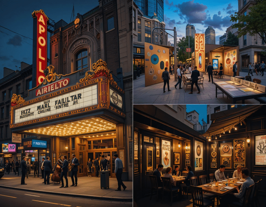 Townhouses for Sale in Harlem. Collage of Harlem's iconic cultural institutions and scenes