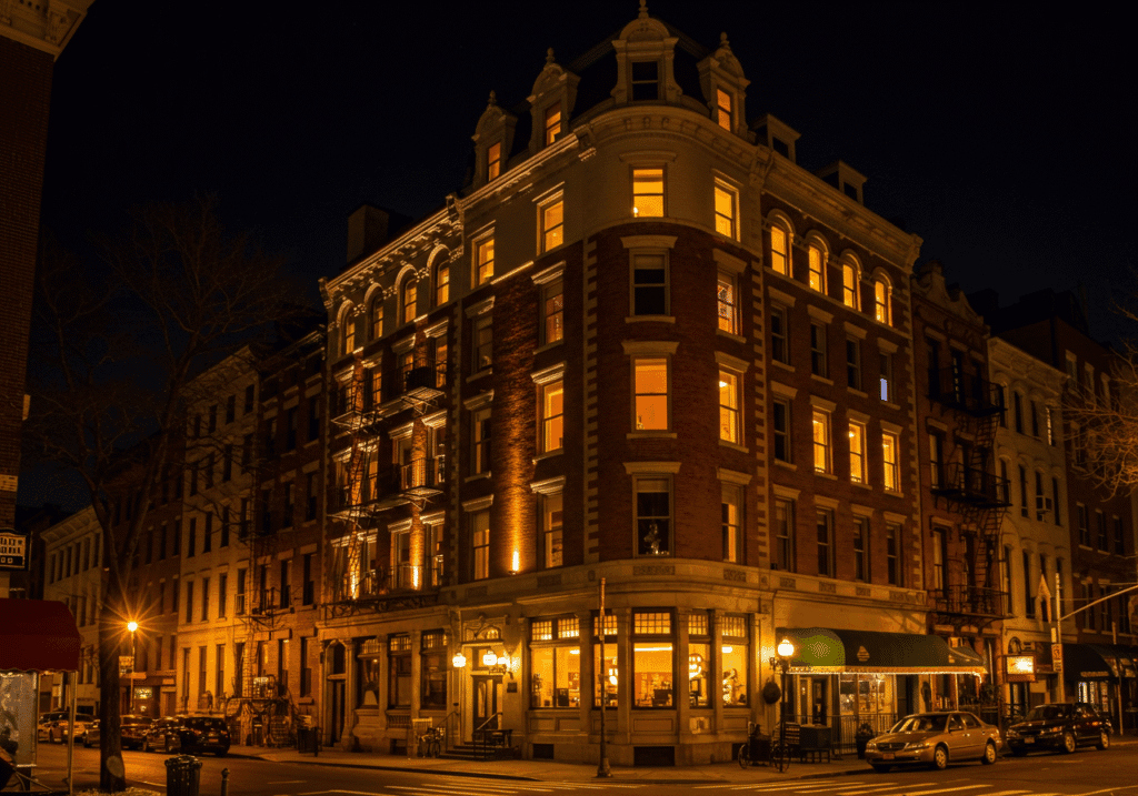 Harlem building with a historic facade and warm lighting at night