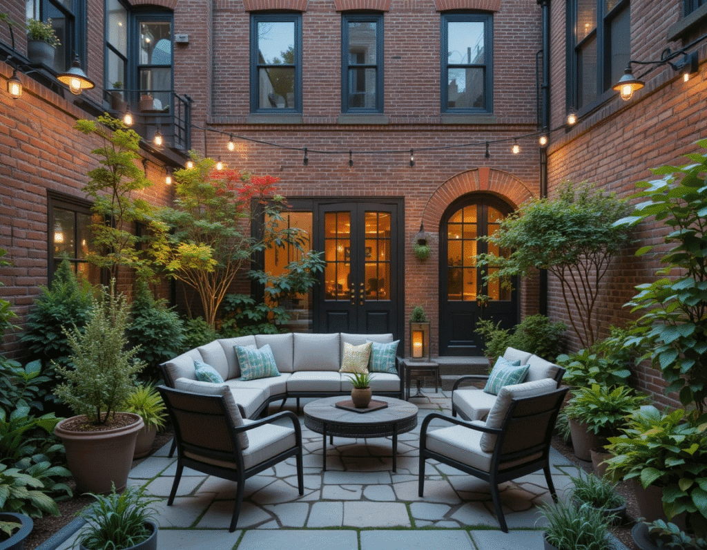 Townhouses for Sale in Harlem. Private garden behind a Harlem townhouse set for entertaining