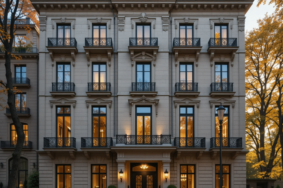 Elegant limestone townhouse with wrought iron details facing Central Park at golden hour