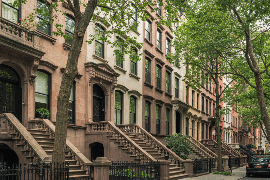 Elegant limestone townhouses lining a peaceful tree-lined street in Manhattan's prestigious Upper East Side