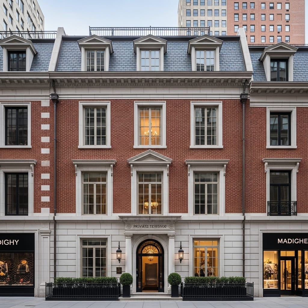 UES Townhouses for Sale NYC. Refined Neo-Georgian townhouse in Lenox Hill showcasing red brick facade with white limestone trim and classic proportions