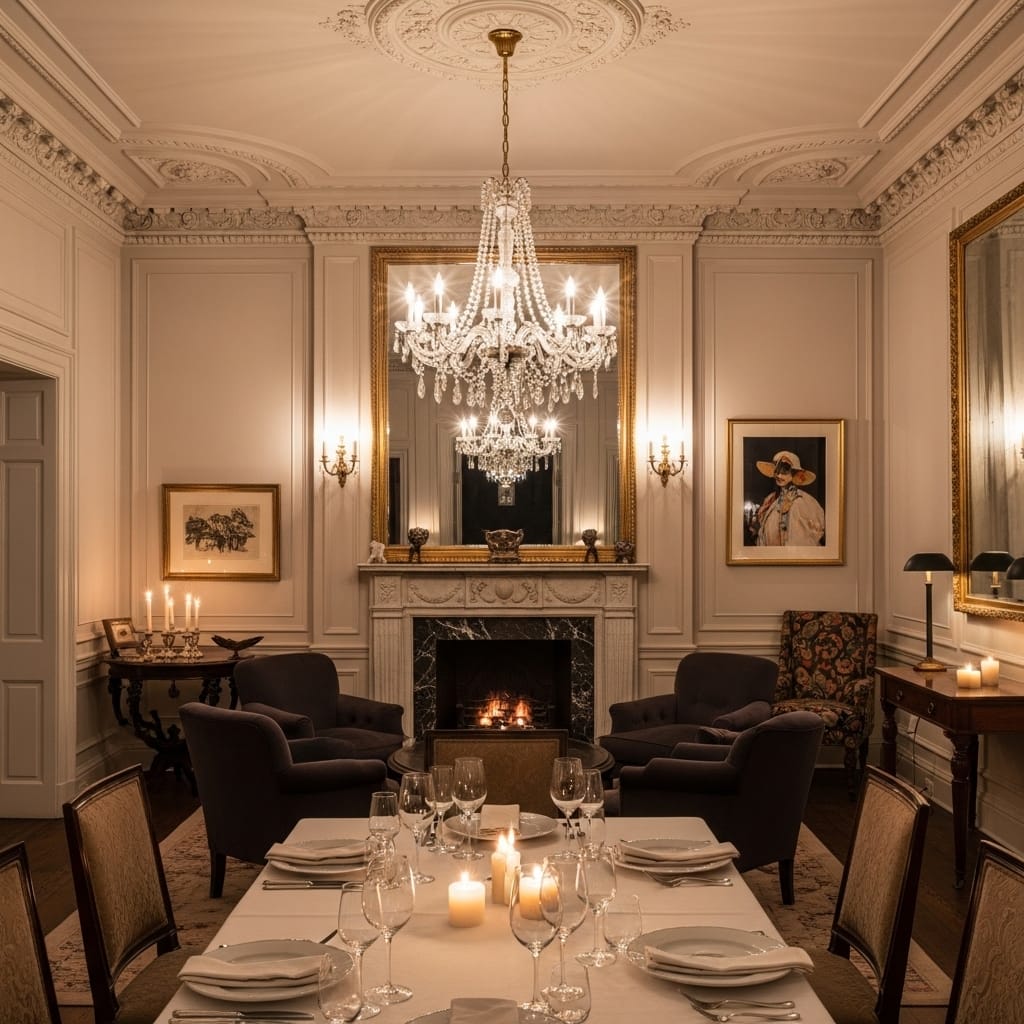 Spectacular limestone townhouse interior featuring soaring 14-foot ceilings and ornamental flourishes in elegant entertaining space
