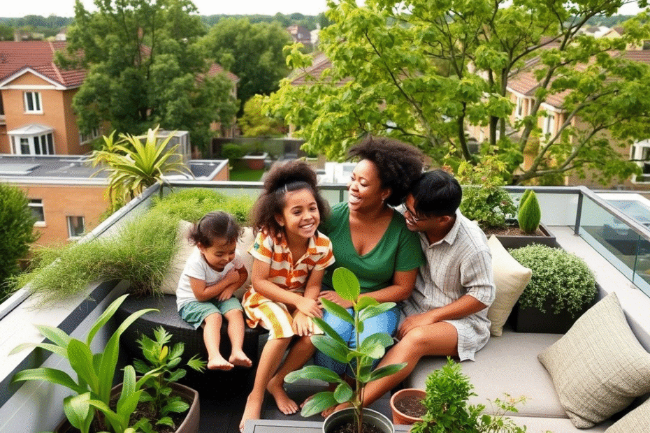 A family is planting a rooftop garden