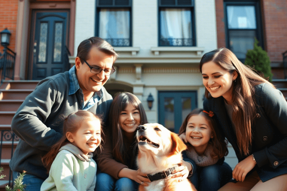 A heartwarming scene of a family (human and pet) happily interacting in front of a charming NYC townhouse, conveying the joy of finding a pet-friendly home.