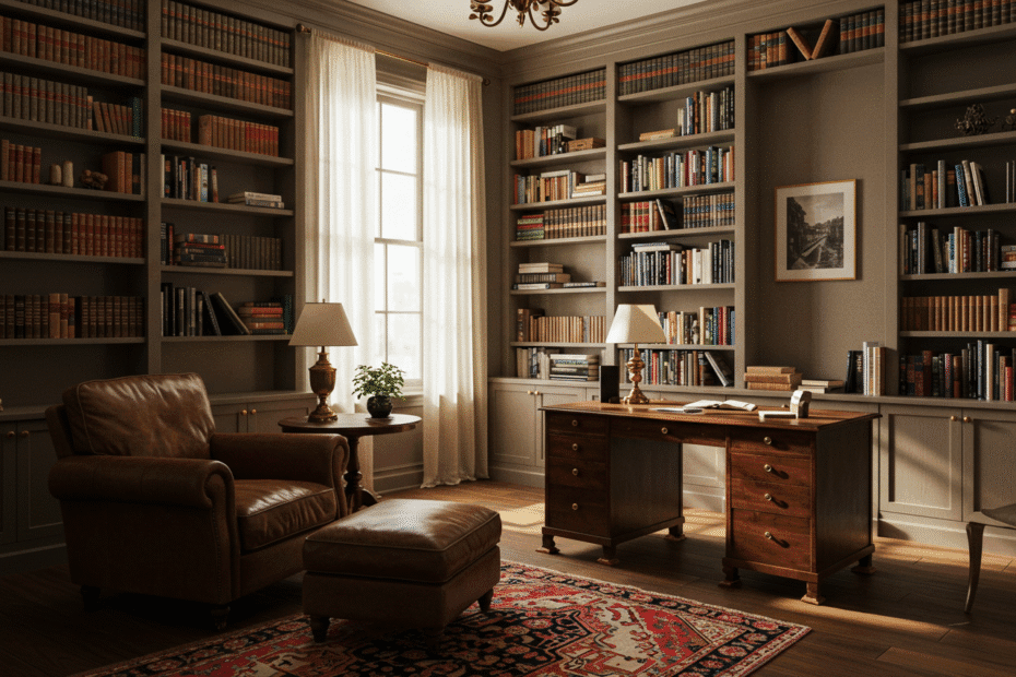 Sunlight streaming through antique windows into a cozy library in a pre-war NYC townhouse