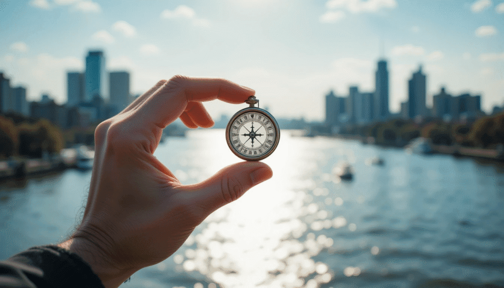 A hand reaching towards a shimmering river view in the distance, symbolizing the journey to find a waterfront haven.