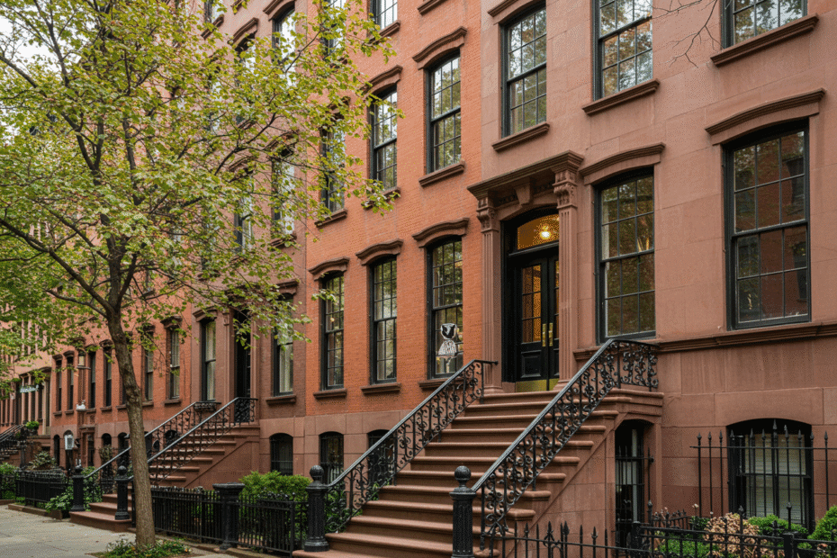 Classic New York City brownstone with stoop in warm morning light