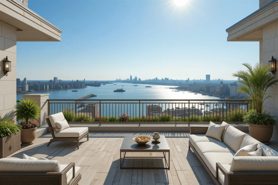 A stunning, panoramic view of the Hudson or East River from a luxurious townhouse balcony or terrace in NYC, with a clear sky and perhaps a boat passing by.