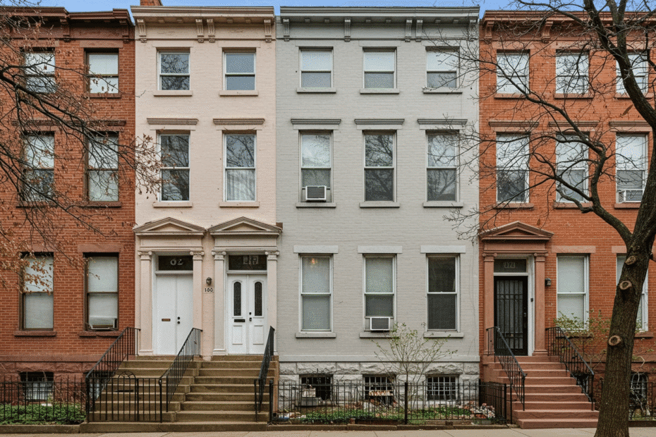 A slightly less-than-perfect but charming townhouse in an outer borough with sunlight hinting at its potential, symbolizing the "hidden gem