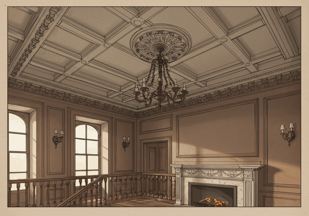 Collage showcasing pre-war architectural details, high ceilings, mouldings, stone accents.