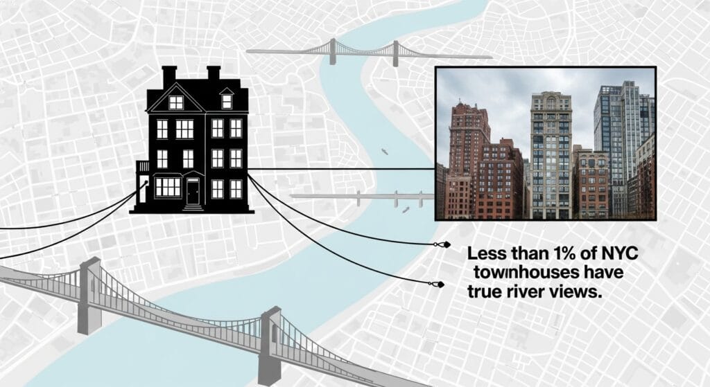 A conceptual graphic illustrating that less than 1% of NYC townhouses have true river views, conveying exclusivity.