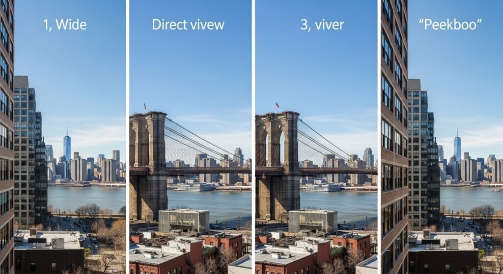 A comparative image showing different types of river views: panoramic, direct waterfront, bridge view, and partial/peekaboo view.