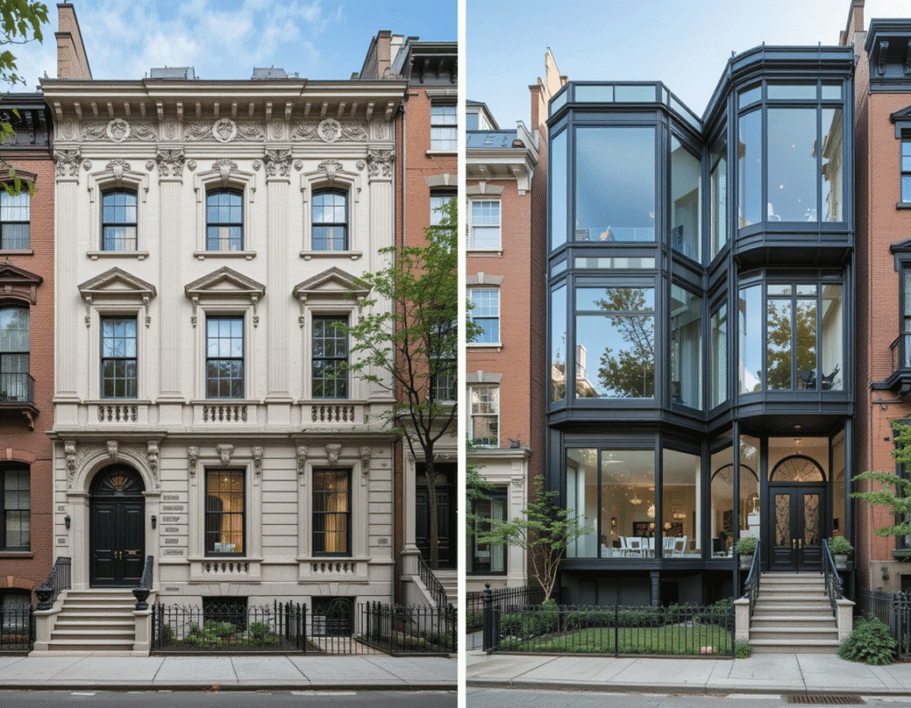 Comparison of classic Beaux-Arts and modern renovated townhouse architectural styles