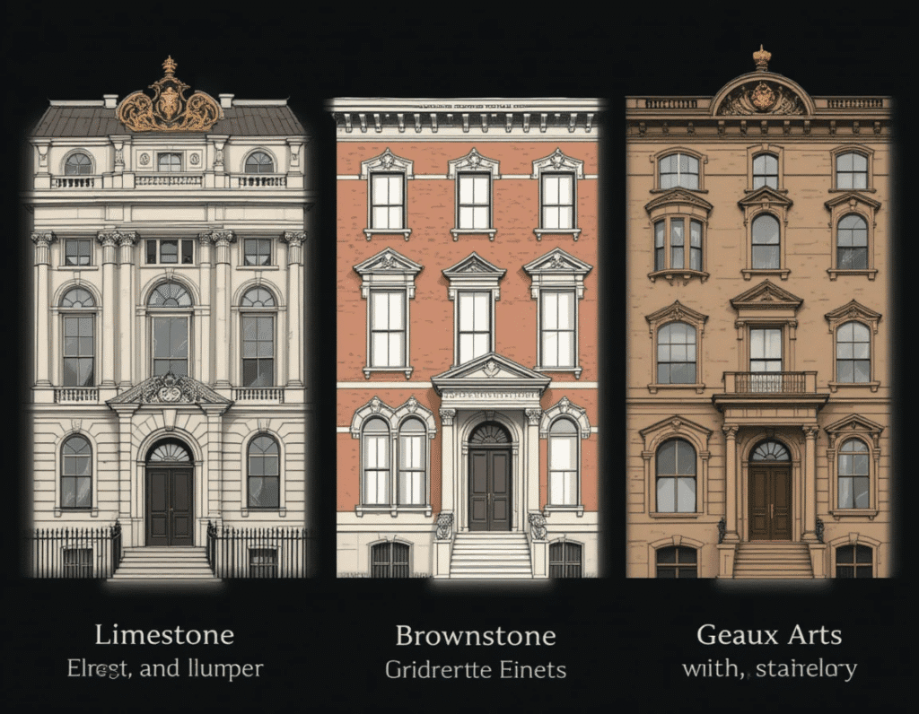 UES Townhouses for Sale NYC. Comparison of Upper East Side townhouse architectural styles: Limestone, Brownstone, and Beaux-Arts