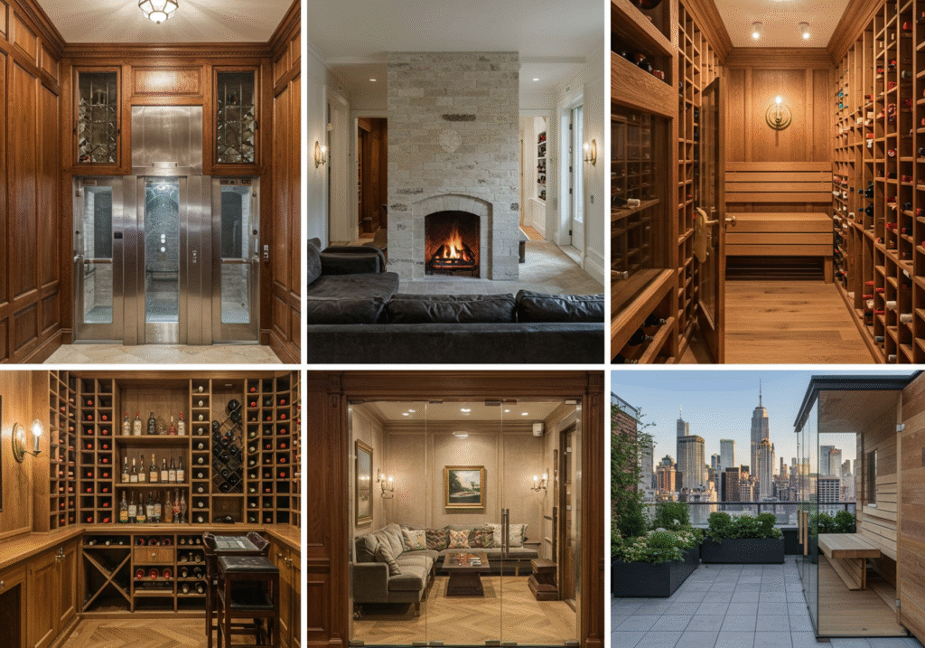 Luxury townhouse amenities including private elevator, garage, wine cellar, wellness suite, and rooftop garden