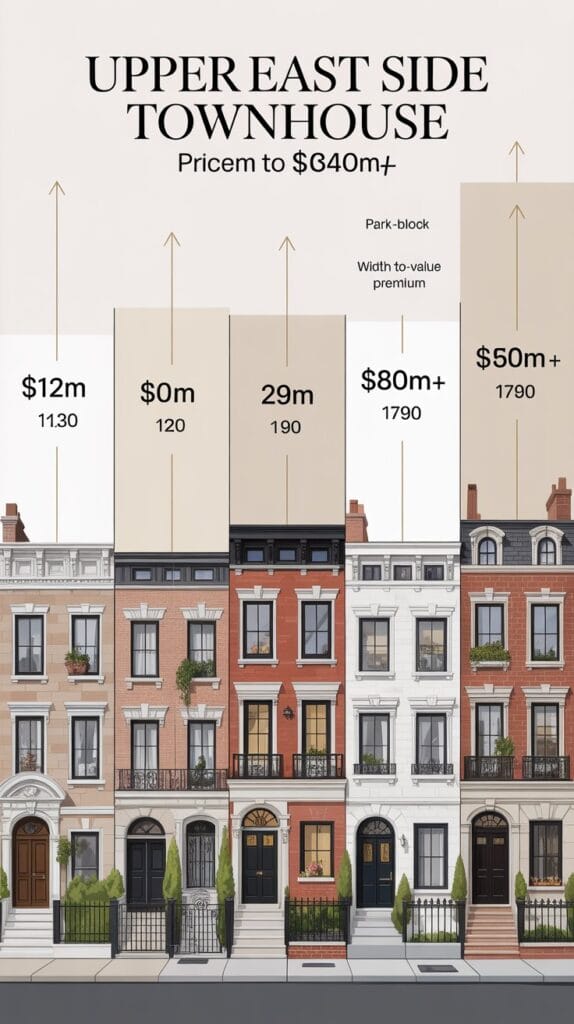 Elegant infographic showing Upper East Side townhouse value ranges and investment factors