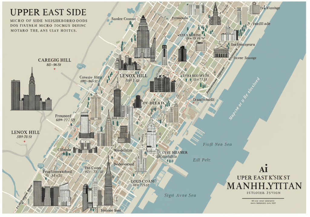 UES Townhouses for Sale NYC. Map of Upper East Side Manhattan's prestigious micro-neighborhoods: Carnegie Hill, Lenox Hill, and the Gold Coast