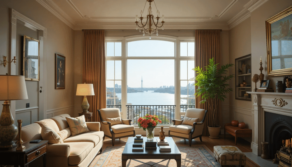 A Federal-style townhouse interior (perhaps a living room) with a window offering a picturesque view of the Hudson River.